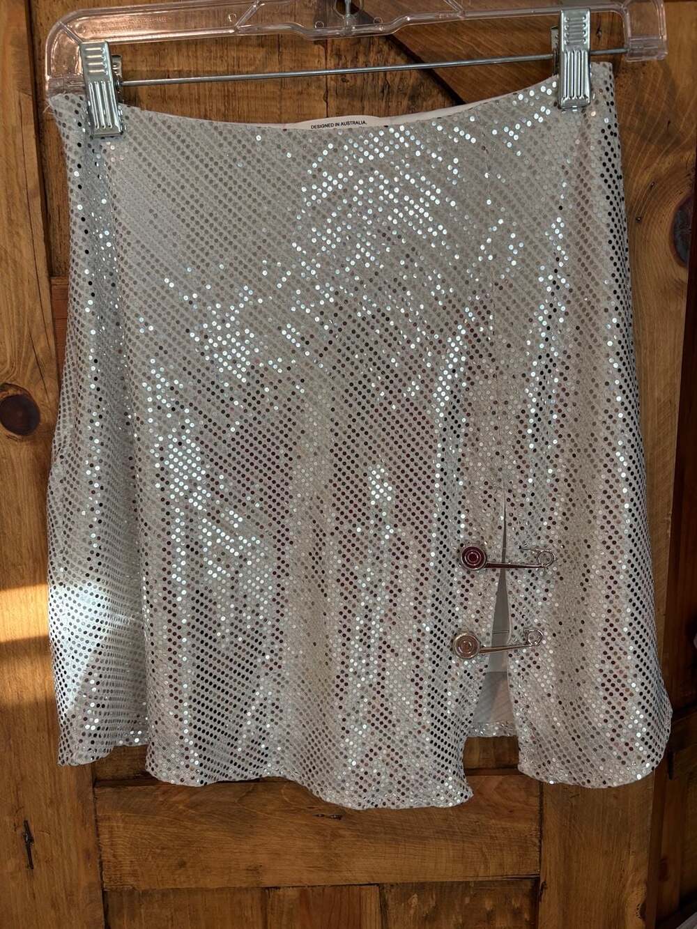 Selfie Leslie Sequin Safety Pin Mini Skirt Size M Silver